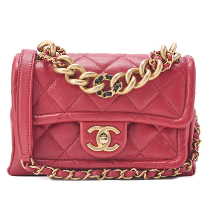 CHANEL Lambskin Mini Matelasse 20cm Single Flap 2WAY Chain Shoulder Bag Red Gold-Tone Hardware, Pre-Owned