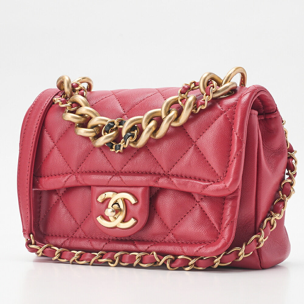 CHANEL Lambskin Mini Matelasse 20cm Single Flap 2WAY Chain Shoulder Bag Red Gold-Tone Hardware, Pre-Owned
