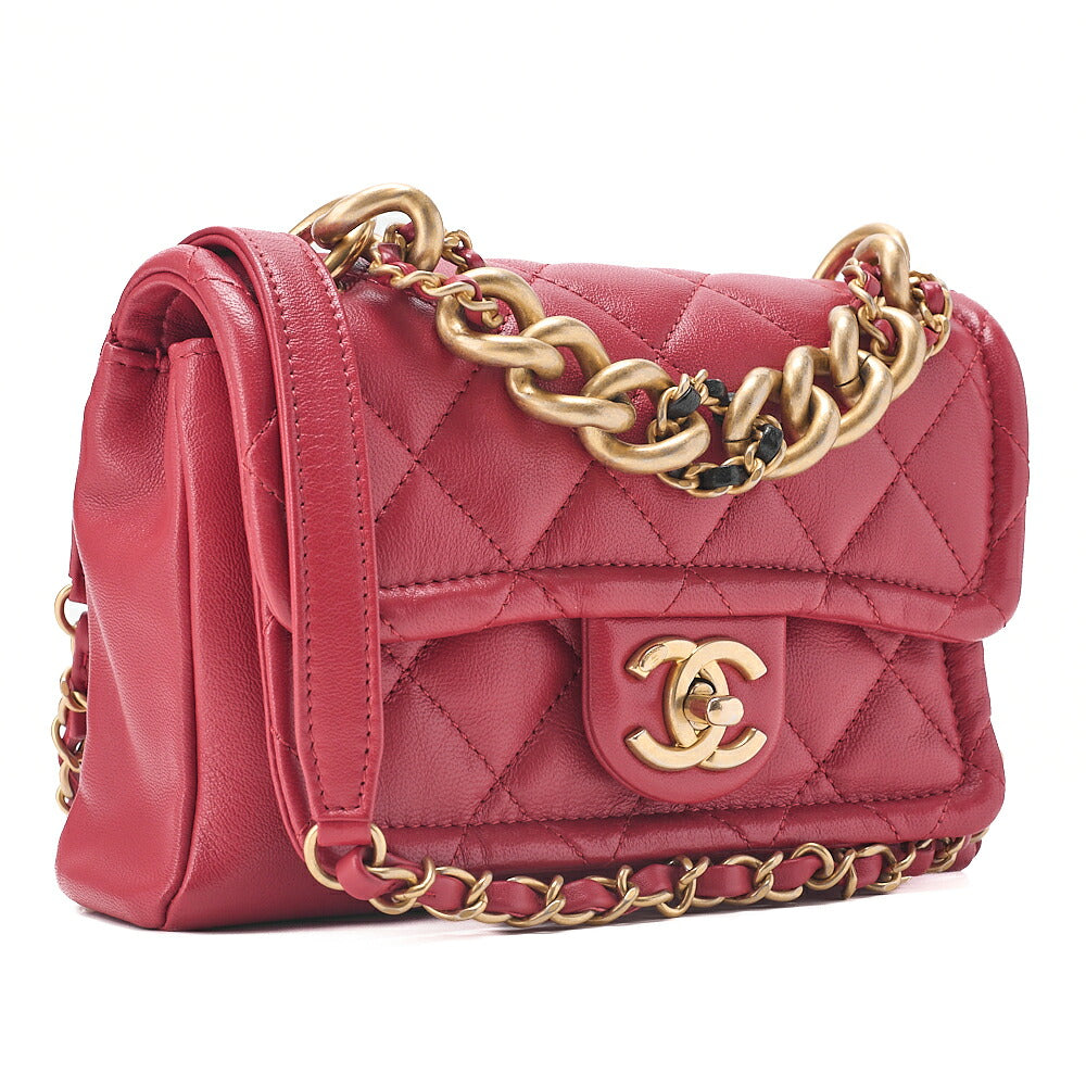 CHANEL Lambskin Mini Matelasse 20cm Single Flap 2WAY Chain Shoulder Bag Red Gold-Tone Hardware, Pre-Owned