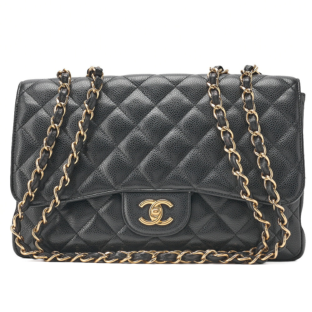 CHANEL Caviar Skin Deka Matelasse 30cm Single Flap Chain Shoulder Bag Black Gold-Tone Hardware, Pre-Owned