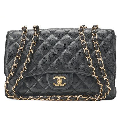 CHANEL Caviar Skin Deka Matelasse 30cm Single Flap Chain Shoulder Bag Black Gold-Tone Hardware, Pre-Owned