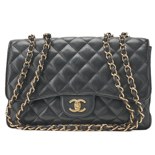 CHANEL Caviar Skin Deka Matelasse 30cm Single Flap Chain Shoulder Bag Black Gold-Tone Hardware, Pre-Owned