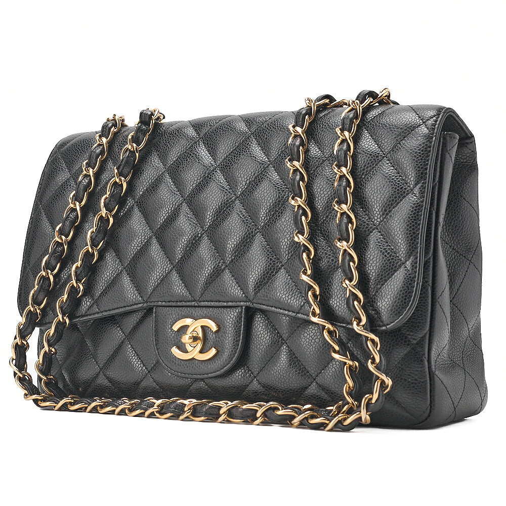 CHANEL Caviar Skin Deka Matelasse 30cm Single Flap Chain Shoulder Bag Black Gold-Tone Hardware, Pre-Owned