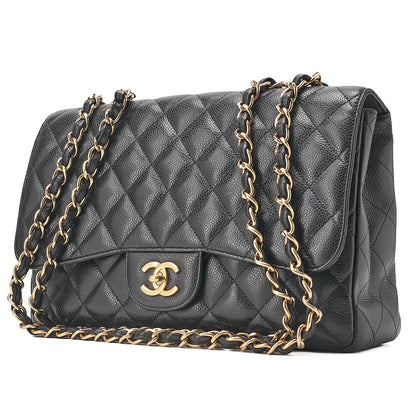 CHANEL Caviar Skin Deka Matelasse 30cm Single Flap Chain Shoulder Bag Black Gold-Tone Hardware, Pre-Owned