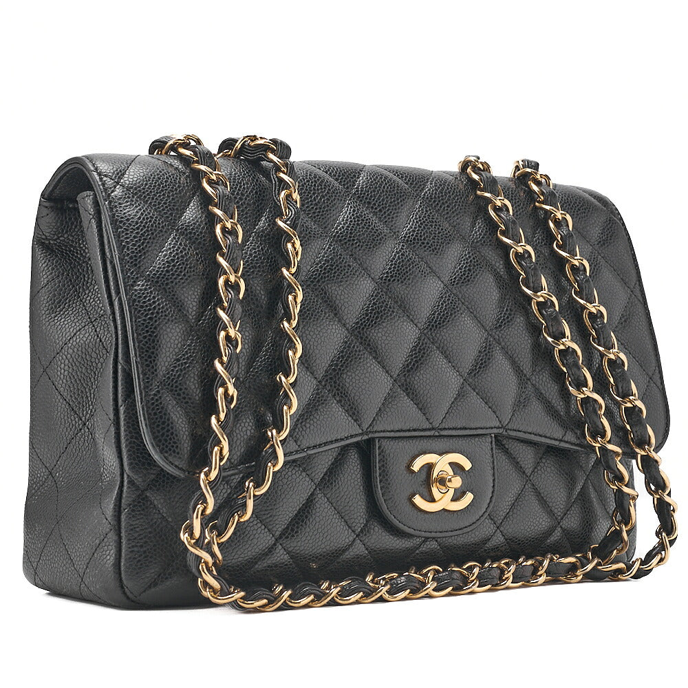 CHANEL Caviar Skin Deka Matelasse 30cm Single Flap Chain Shoulder Bag Black Gold-Tone Hardware, Pre-Owned