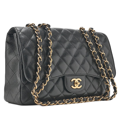 CHANEL Caviar Skin Deka Matelasse 30cm Single Flap Chain Shoulder Bag Black Gold-Tone Hardware, Pre-Owned