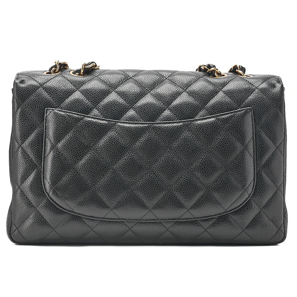 CHANEL Caviar Skin Deka Matelasse 30cm Single Flap Chain Shoulder Bag Black Gold-Tone Hardware, Pre-Owned