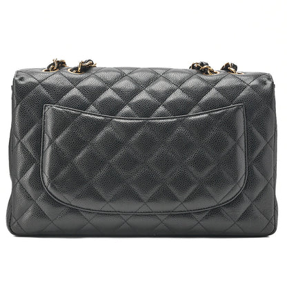 CHANEL Caviar Skin Deka Matelasse 30cm Single Flap Chain Shoulder Bag Black Gold-Tone Hardware, Pre-Owned