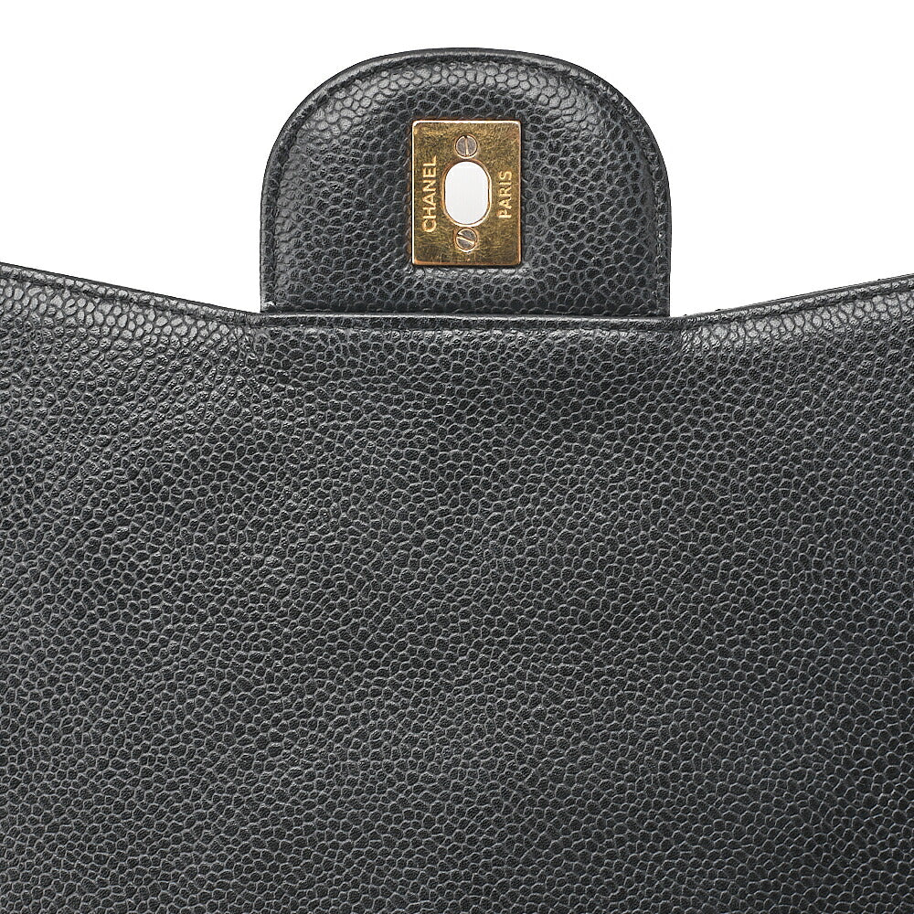 CHANEL Caviar Skin Deka Matelasse 30cm Single Flap Chain Shoulder Bag Black Gold-Tone Hardware, Pre-Owned