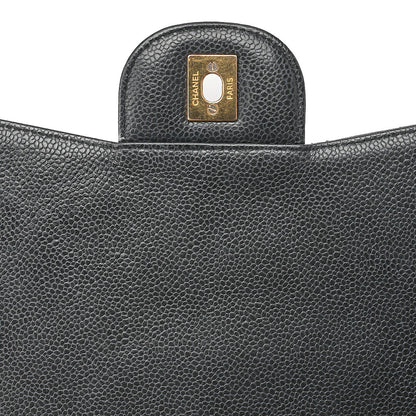 CHANEL Caviar Skin Deka Matelasse 30cm Single Flap Chain Shoulder Bag Black Gold-Tone Hardware, Pre-Owned