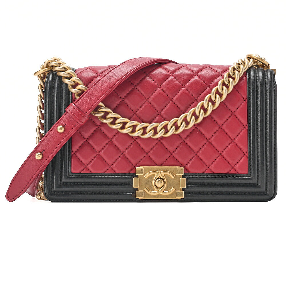 CHANEL Lambskin Matelasse Boy Chanel 25 Chain Shoulder Red x Black Gold-Tone Hardware, Pre-Owned