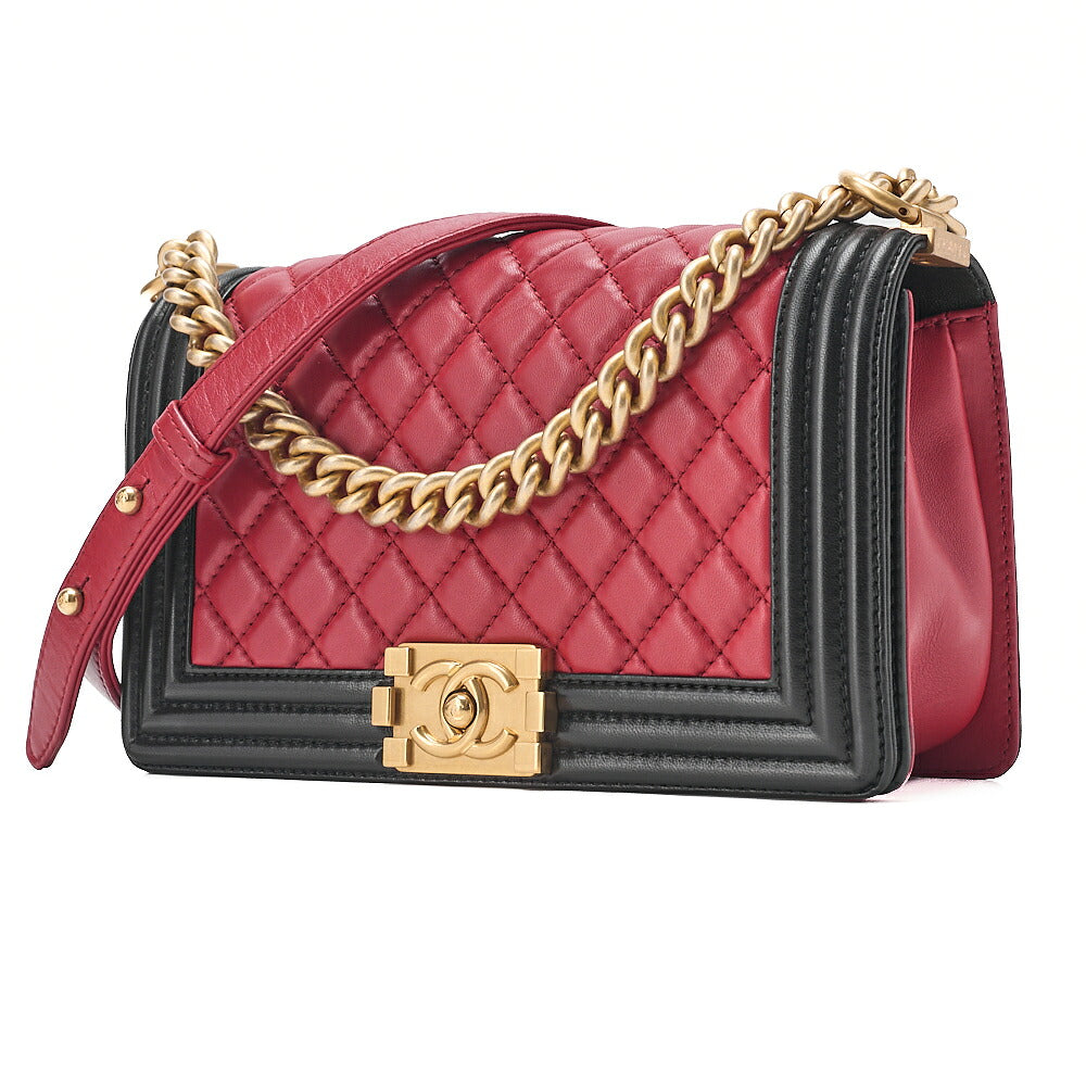 CHANEL Lambskin Matelasse Boy Chanel 25 Chain Shoulder Red x Black Gold-Tone Hardware, Pre-Owned
