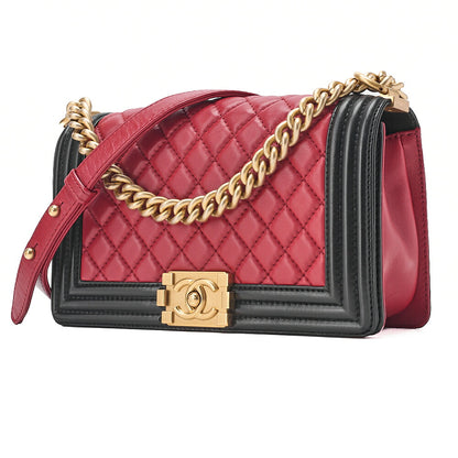 CHANEL Lambskin Matelasse Boy Chanel 25 Chain Shoulder Red x Black Gold-Tone Hardware, Pre-Owned