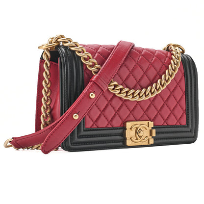 CHANEL Lambskin Matelasse Boy Chanel 25 Chain Shoulder Red x Black Gold-Tone Hardware, Pre-Owned