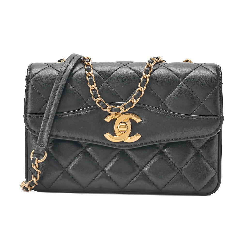 CHANEL Lambskin Mini  Matelasse Design Flap Chain Shoulder Black Gold-Tone Hardware, Pre-Owned