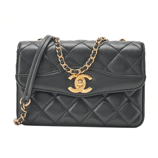 CHANEL Lambskin Mini  Matelasse Design Flap Chain Shoulder Black Gold-Tone Hardware, Pre-Owned