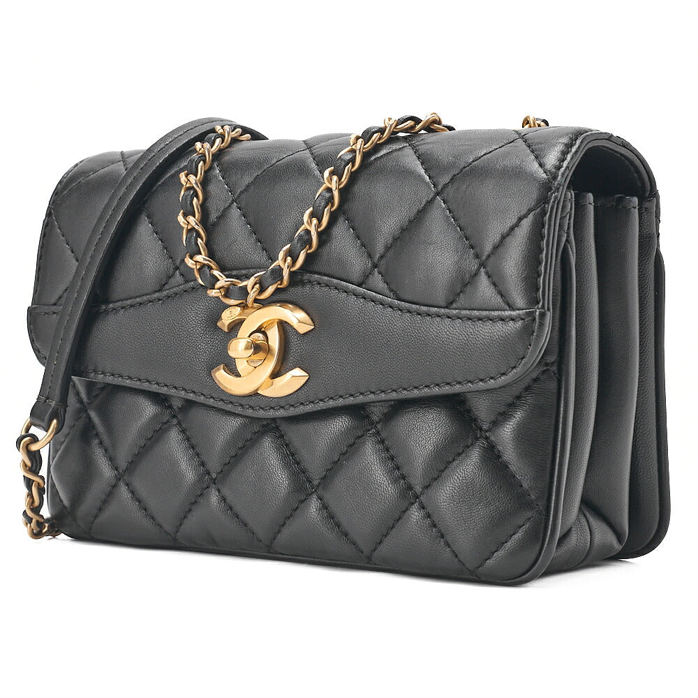 CHANEL Lambskin Mini  Matelasse Design Flap Chain Shoulder Black Gold-Tone Hardware, Pre-Owned