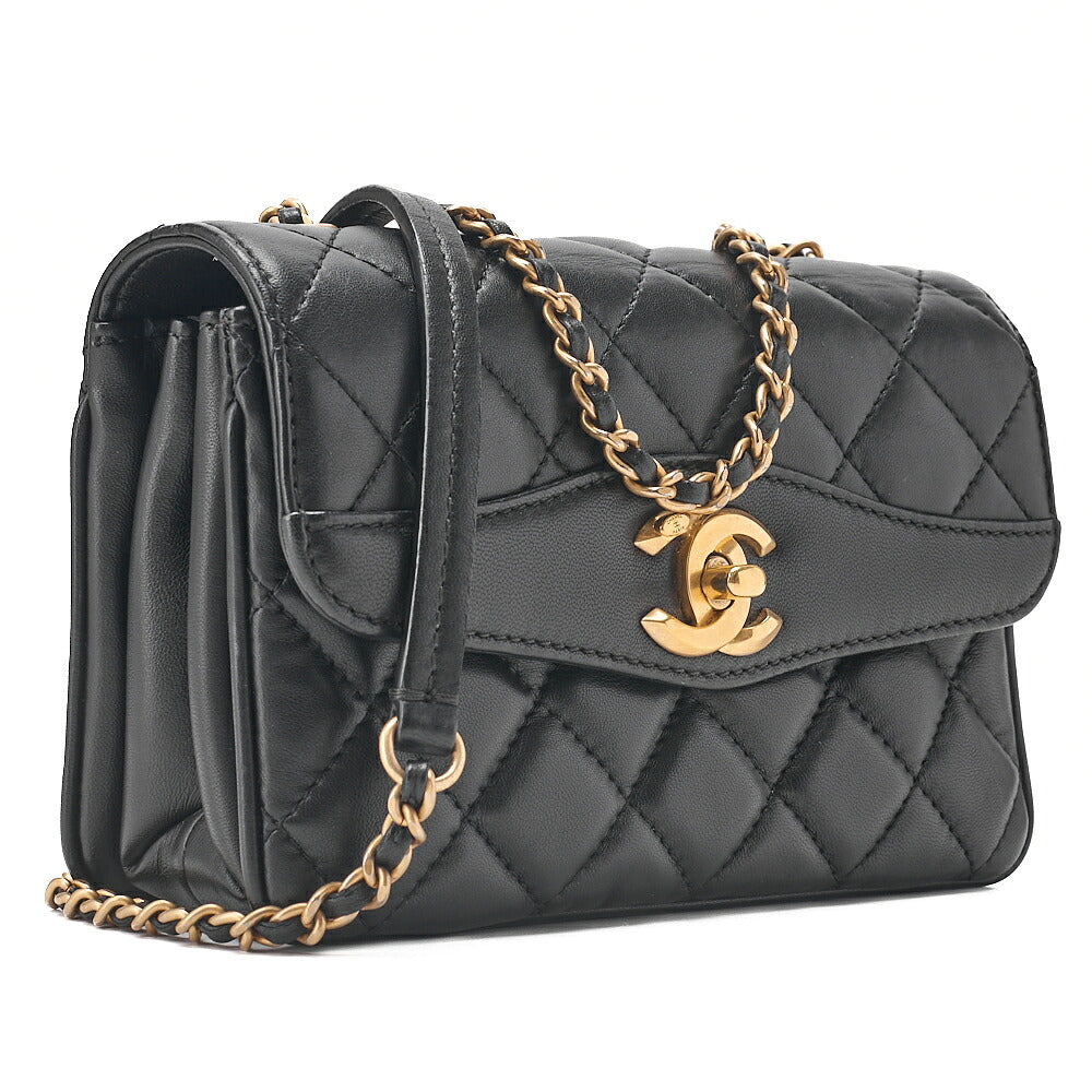 CHANEL Lambskin Mini  Matelasse Design Flap Chain Shoulder Black Gold-Tone Hardware, Pre-Owned
