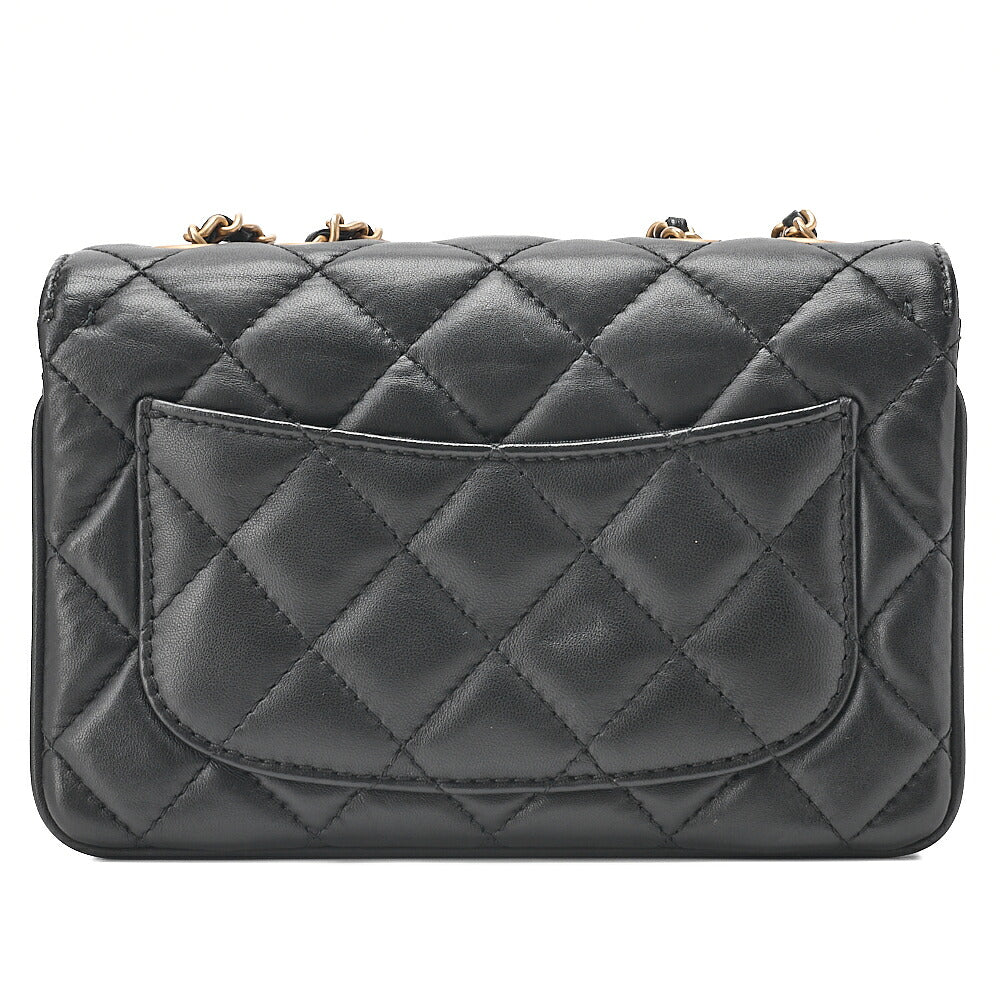 CHANEL Lambskin Mini  Matelasse Design Flap Chain Shoulder Black Gold-Tone Hardware, Pre-Owned