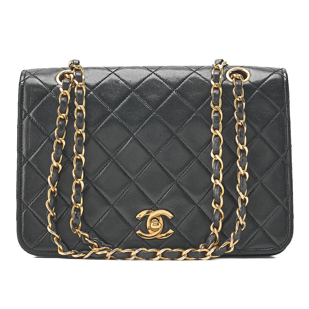 CHANEL Lambskin Matelasse Full Flap Turn Lock Chain Shoulder Black Gold-Tone Hardware, Pre-Owned