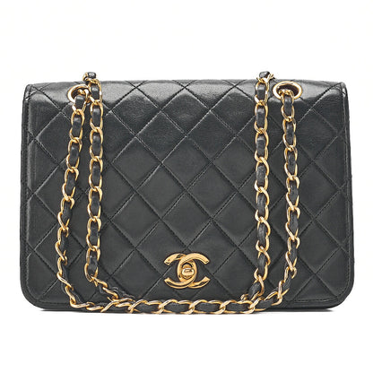 CHANEL Lambskin Matelasse Full Flap Turn Lock Chain Shoulder Black Gold-Tone Hardware, Pre-Owned