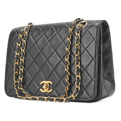 CHANEL Lambskin Matelasse Full Flap Turn Lock Chain Shoulder Black Gold-Tone Hardware, Pre-Owned