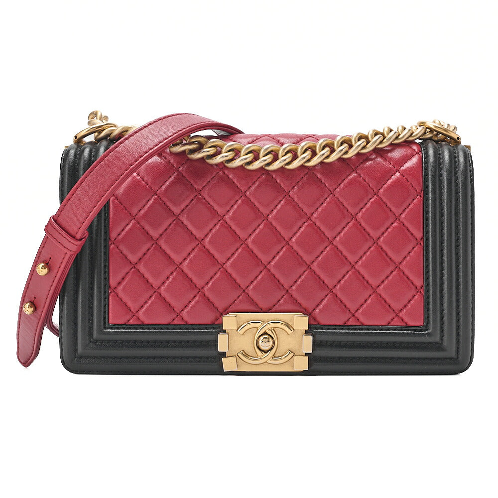 CHANEL Lambskin Matelasse Boy Chanel 25 Chain Shoulder Red x Black Gold-Tone Hardware, Pre-Owned
