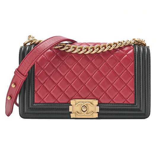 CHANEL Lambskin Matelasse Boy Chanel 25 Chain Shoulder Red x Black Gold-Tone Hardware, Pre-Owned