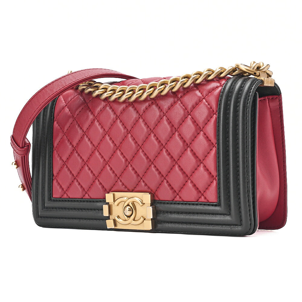 CHANEL Lambskin Matelasse Boy Chanel 25 Chain Shoulder Red x Black Gold-Tone Hardware, Pre-Owned