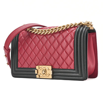 CHANEL Lambskin Matelasse Boy Chanel 25 Chain Shoulder Red x Black Gold-Tone Hardware, Pre-Owned