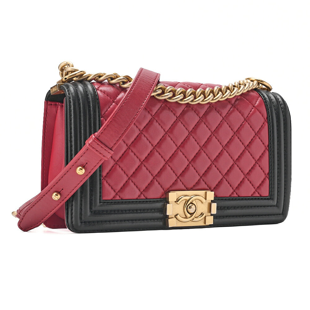CHANEL Lambskin Matelasse Boy Chanel 25 Chain Shoulder Red x Black Gold-Tone Hardware, Pre-Owned