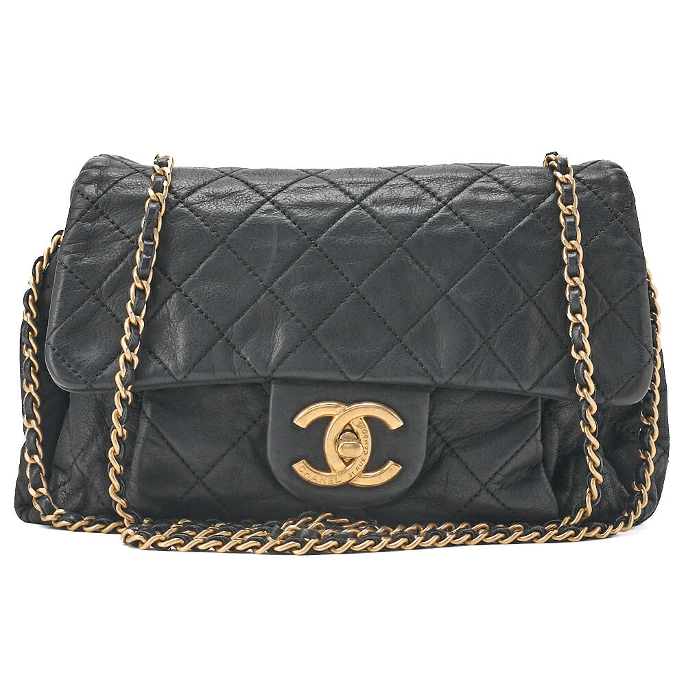 CHANEL Sparkle Leather Matelasse Single Chain Shoulder Black Gold-Tone Hardware, Pre-Owned