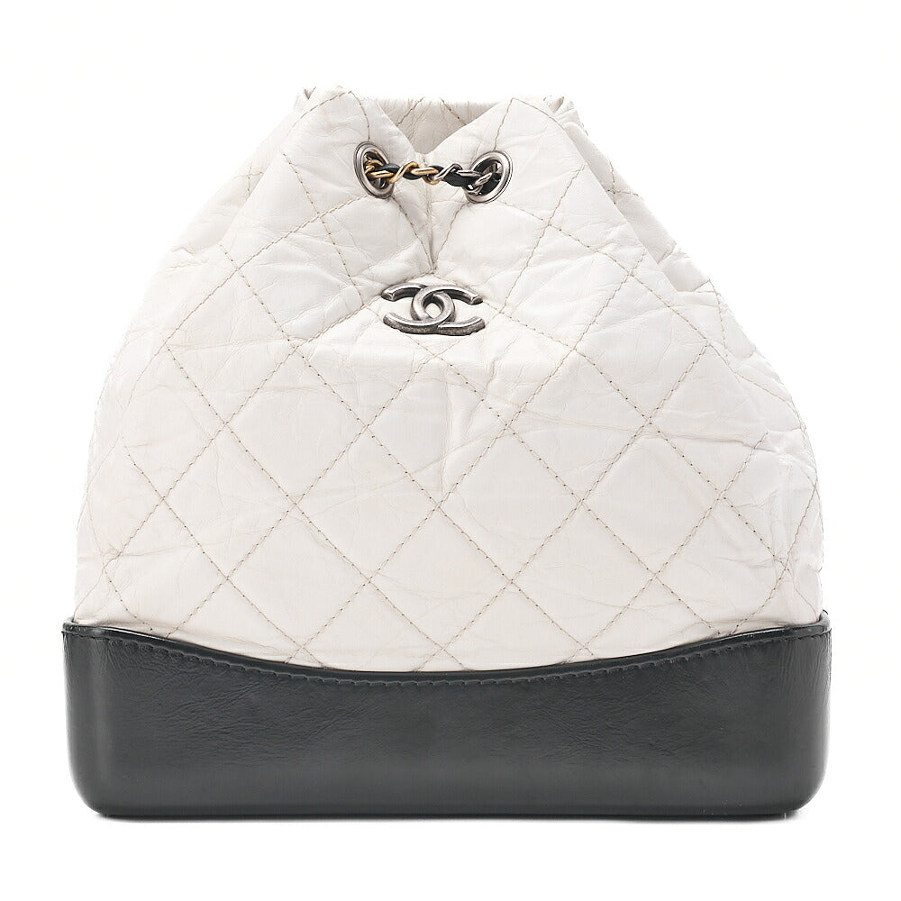 CHANEL Vintage Calf Gabrielle de Chanel Drawstring Chain Backpack White x Black Gold x Silver-Tone Hardware, Pre-Owned