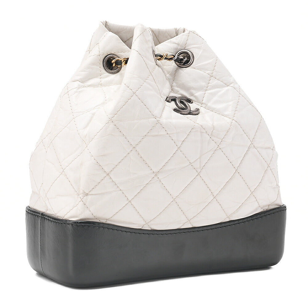 CHANEL Vintage Calf Gabrielle de Chanel Drawstring Chain Backpack White x Black Gold x Silver-Tone Hardware, Pre-Owned