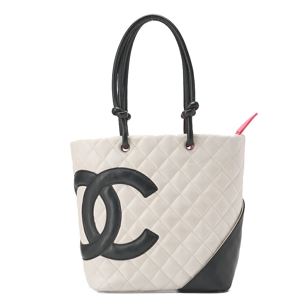 CHANEL Calf Leather Cambon Line Medium Tote Bag Black x White Silver-Tone Hardware, Pre-Owned