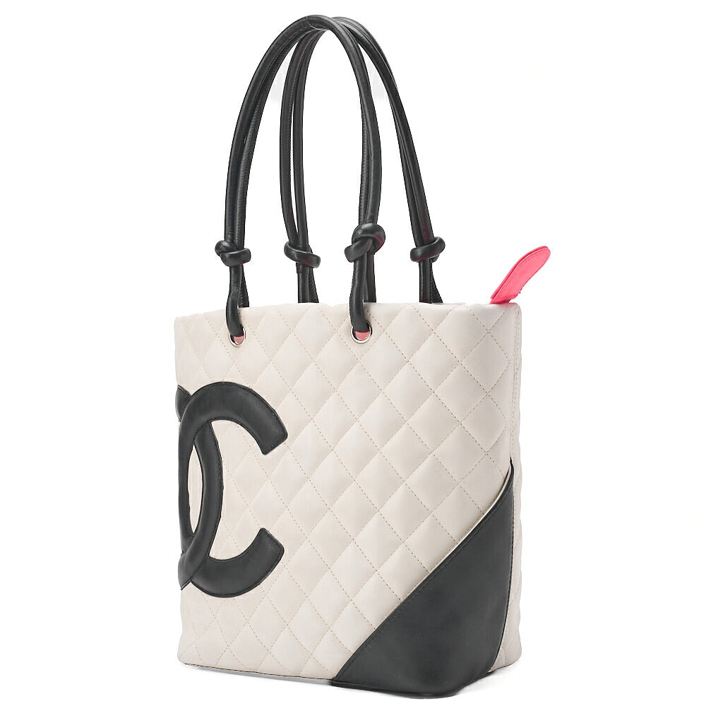 CHANEL Calf Leather Cambon Line Medium Tote Bag Black x White Silver-Tone Hardware, Pre-Owned