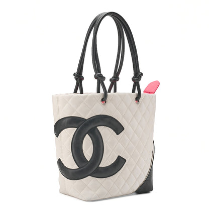 CHANEL Calf Leather Cambon Line Medium Tote Bag Black x White Silver-Tone Hardware, Pre-Owned