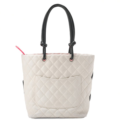 CHANEL Calf Leather Cambon Line Medium Tote Bag Black x White Silver-Tone Hardware, Pre-Owned
