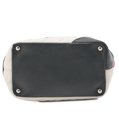 CHANEL Calf Leather Cambon Line Medium Tote Bag Black x White Silver-Tone Hardware, Pre-Owned