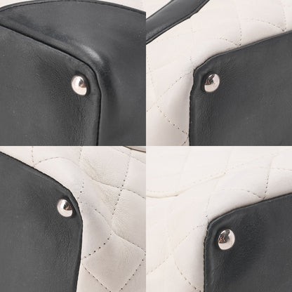 CHANEL Calf Leather Cambon Line Medium Tote Bag Black x White Silver-Tone Hardware, Pre-Owned