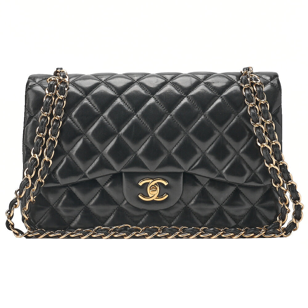 CHANEL Lambskin Deka Matelasse 30cm Double Flap Chain Shoulder Bag Black Gold-Tone Hardware, Pre-Owned