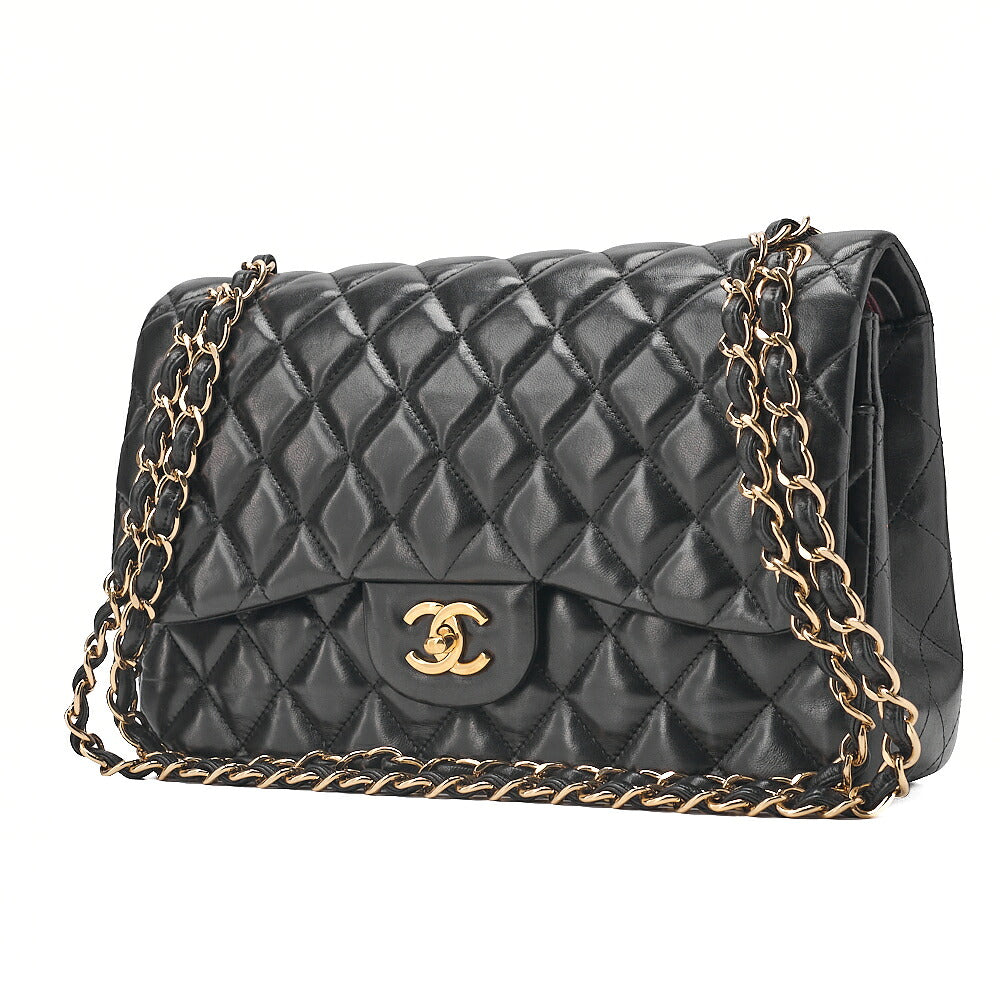 CHANEL Lambskin Deka Matelasse 30cm Double Flap Chain Shoulder Bag Black Gold-Tone Hardware, Pre-Owned