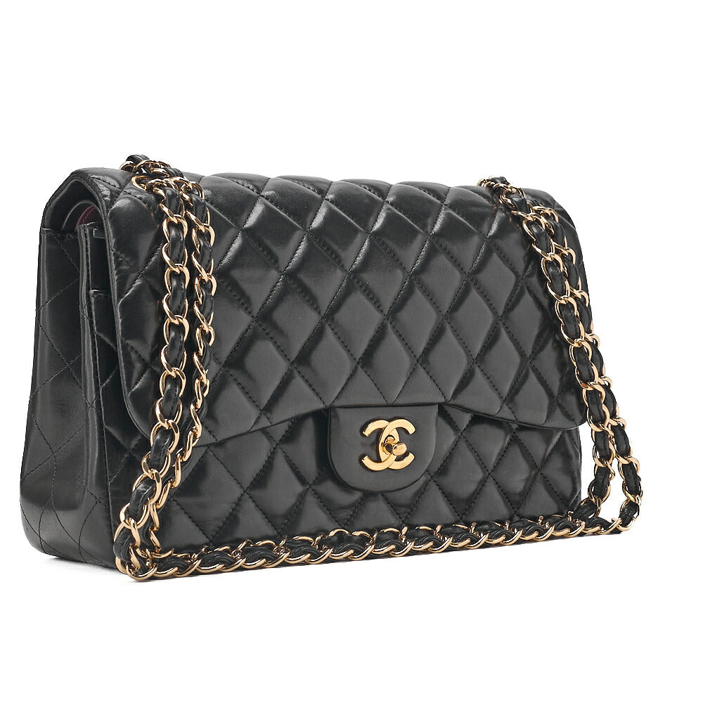 CHANEL Lambskin Deka Matelasse 30cm Double Flap Chain Shoulder Bag Black Gold-Tone Hardware, Pre-Owned