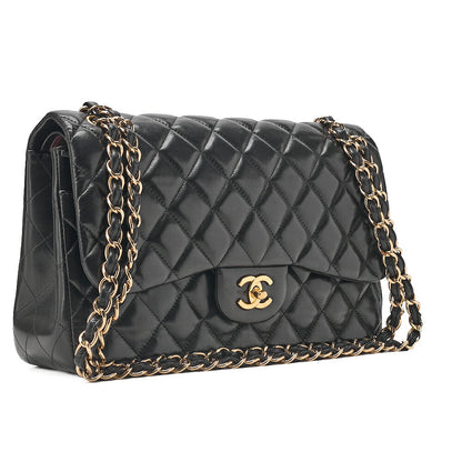 CHANEL Lambskin Deka Matelasse 30cm Double Flap Chain Shoulder Bag Black Gold-Tone Hardware, Pre-Owned