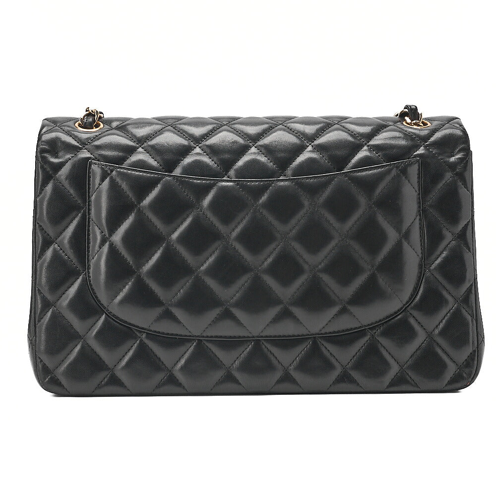 CHANEL Lambskin Deka Matelasse 30cm Double Flap Chain Shoulder Bag Black Gold-Tone Hardware, Pre-Owned