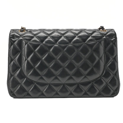 CHANEL Lambskin Deka Matelasse 30cm Double Flap Chain Shoulder Bag Black Gold-Tone Hardware, Pre-Owned