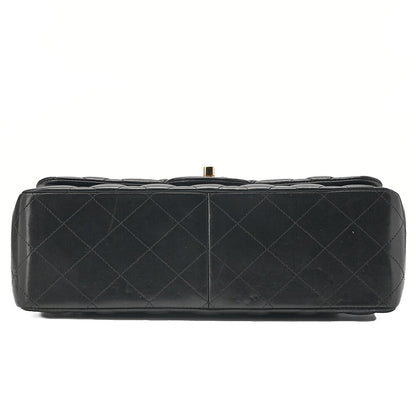 CHANEL Lambskin Deka Matelasse 30cm Double Flap Chain Shoulder Bag Black Gold-Tone Hardware, Pre-Owned