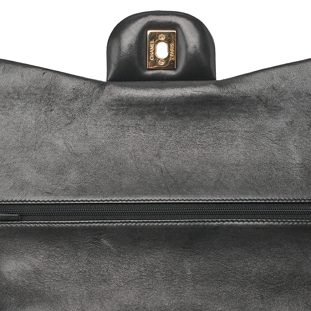 CHANEL Lambskin Deka Matelasse 30cm Double Flap Chain Shoulder Bag Black Gold-Tone Hardware, Pre-Owned