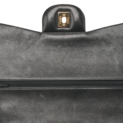 CHANEL Lambskin Deka Matelasse 30cm Double Flap Chain Shoulder Bag Black Gold-Tone Hardware, Pre-Owned