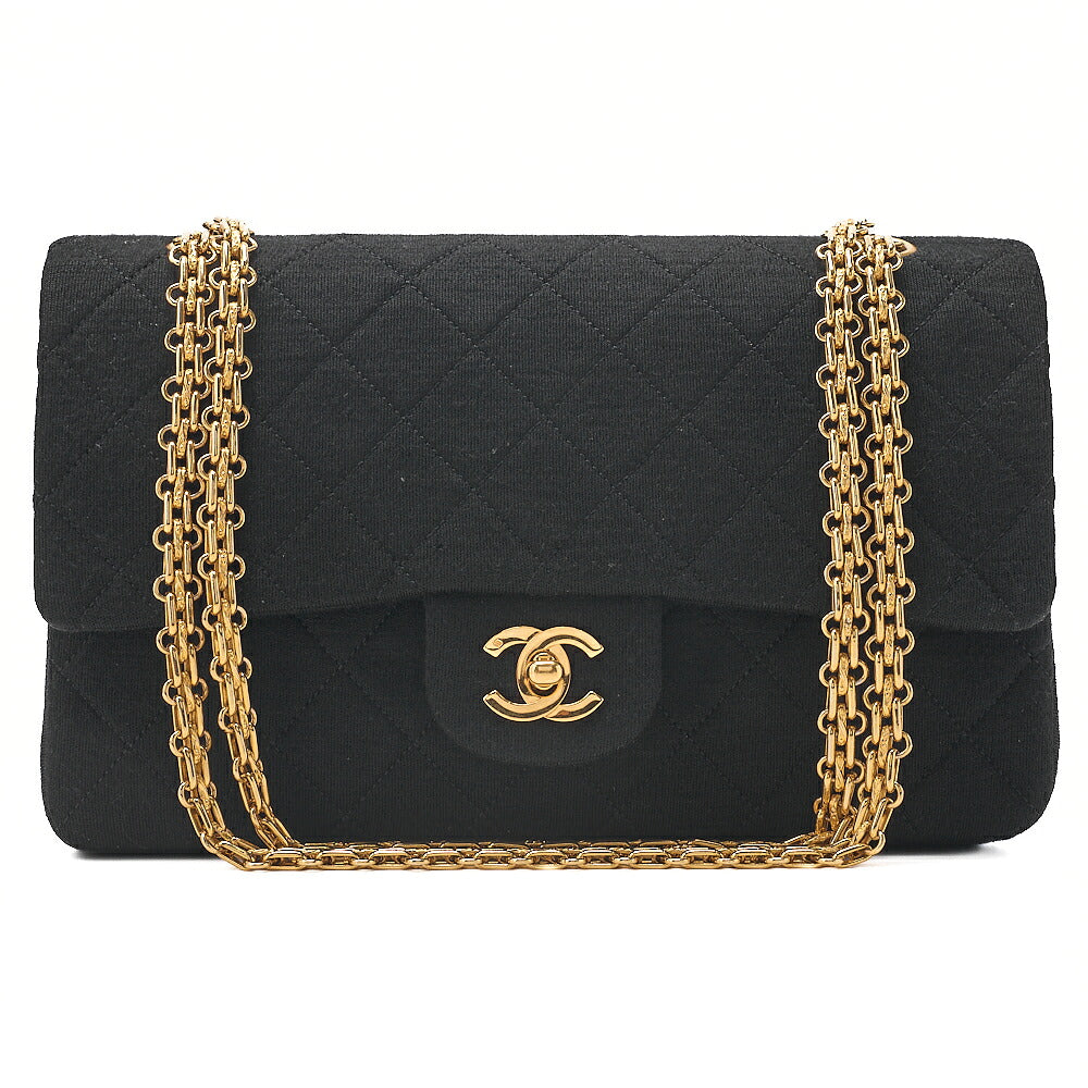 CHANEL 2.55 Chain Shoulder Bag Matelasse Double Flap 25cm Jersey Black Gold-Tone Hardware, Pre-Owned